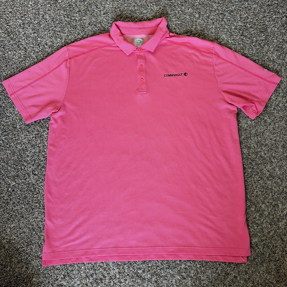 Callaway 2XL Polo Shirt Pink White Striped Men's Commvault Logo Short Sleeve